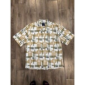 Men’s XXL Button Down Short Sleeve XXL Linen Shirt Geometric Pattern Tan Green